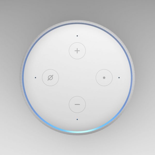 3D Illustration of Amazon Echo Dot 2nd generation, white on light backround.